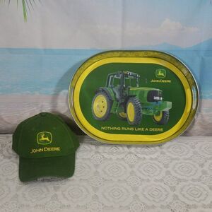 John Deere 15.5" Tin Oval Serving Tray & Adjustable Green Hat Cap Set